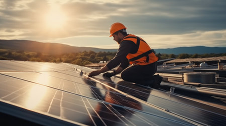Solar power engineer installing solar panels on roof.の素材