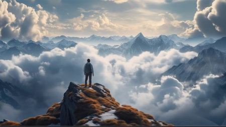 Man with backpack standing on the top of the mountain, Success, Personal growth concept.の素材