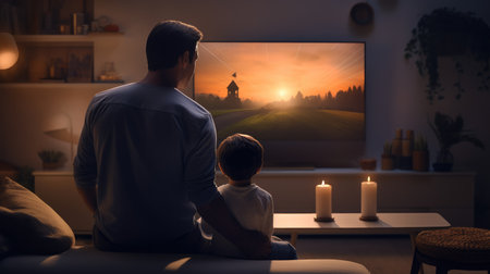 Son and dad sitting on the couch looking at the TV in front of them in living room at evening.の素材