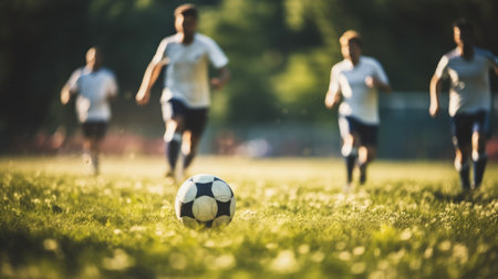 Team of soccer players playing soccer in soccer field.の素材