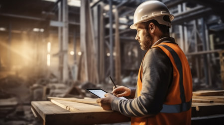 Engineers are working with blueprint and architectural project at new construction site, Engineering tools and construction concept.の素材