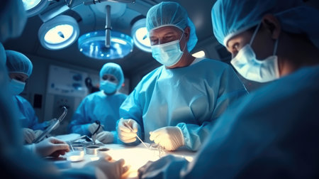 Operating room staff performing hospital surgery.の素材