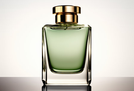 Fragrance bottle sleek design, Metallic green and golden cap on white background.の素材