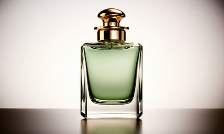 Fragrance bottle sleek design, Metallic green and golden cap on white background.の素材
