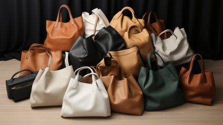 Many women's handbags on floor.の素材