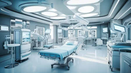 Operating room with monitors and equipment in hospital.の素材