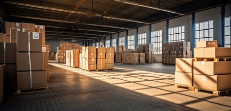 Inside of factory storage warehouse, Inventory control, order fulfillment or space optimization.の素材