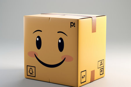 Cardboard box with a happy face on box.の素材