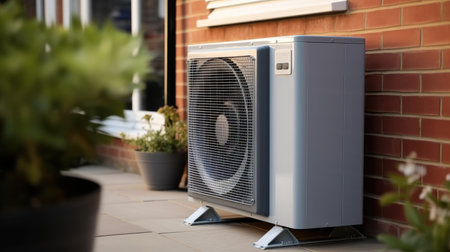 Air source heat pump heating unit installed on the outside of a house. Sustainable and clean energy at home.の素材