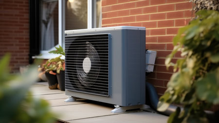 Air source heat pump heating unit installed on the outside of a house. Sustainable and clean energy at home.の素材