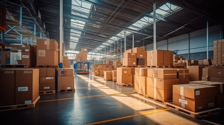 Inside of factory storage warehouse, Inventory control, order fulfillment or space optimization.の素材