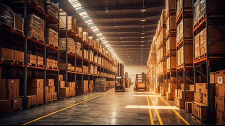 Warehouse, Logistics, A large warehouse with numerous items, Rows of shelves with boxes.の素材