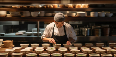 Chef preparing food at Japanese restaurant.の素材