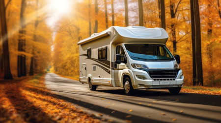 Travel van, Modern home van on a late sunny day at forest.の素材