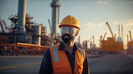 Male petrochemical engineer working at oil and gas refinery plant industry factory.の素材