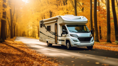 Travel van, Modern home van on a late sunny day at forest.の素材