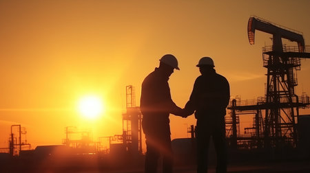 Two engineers of the oil and gas industry are sun discussing a business plan, Oil production.の素材