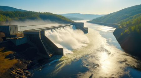 Hydroelectric Dam around mountain, Water discharge through locks.の素材