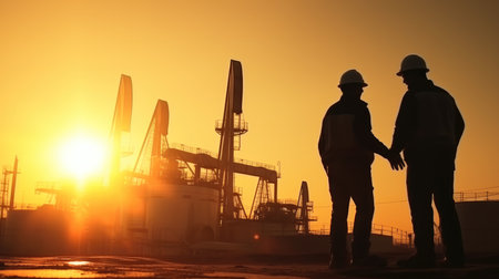 Two engineers of the oil and gas industry are sun discussing a business plan, Oil production.の素材