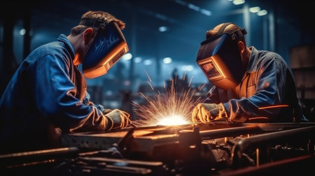 Man wearing helmets and doing welding, heavy-duty industry and manufacturing plant, Iron and metal industry workers, Welding job.の素材