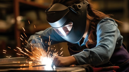 Young woman welding in workshop.の素材