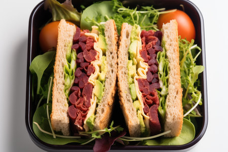 Sandwiches inside a lunch box on white background. top view.の素材
