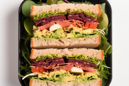 Sandwiches inside a lunch box on white background. top view.の素材