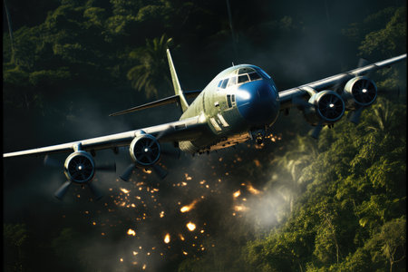 The plane is dropping bombs. bombing a lush jungle.の素材