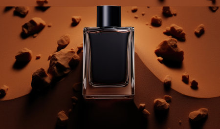 Black bottle of perfume lying down flat above very rough and grainy dark brown sand.の素材