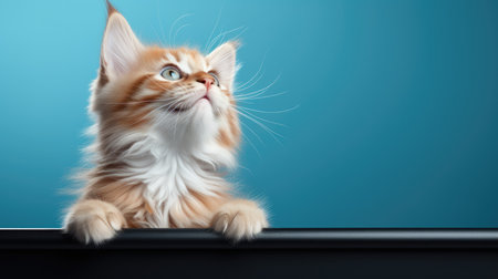 Cute banner with a cat looking up on solid blue background.の素材