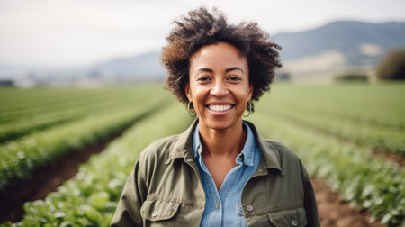 Portrait of farmer woman working on a farm field.の素材