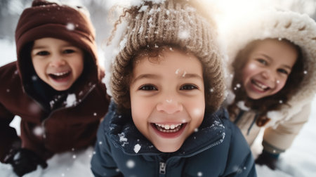 Happy group of children playing in the snow during winter.の素材