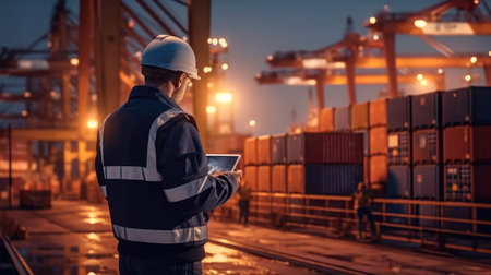 Engineer using tablet for working at containers yard from cargo freight ship.の素材
