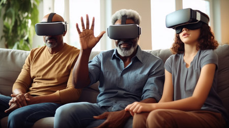 Grandfather wearing VR headset as Multi-Generation male family in living room at home together.の素材