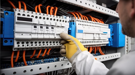 Technician checking fuse box in control room.の素材
