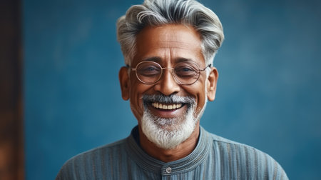 Portrait of happy Indian man on blue background.の素材