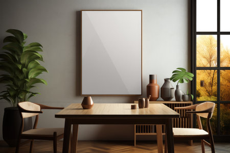 Mockup of a vertical blank and empty wall frame in a kitchen with modern furniture.の素材