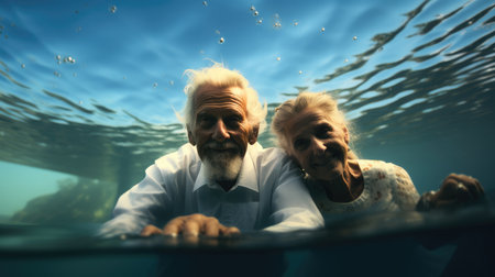 Happy old couple under water in the sea.の素材