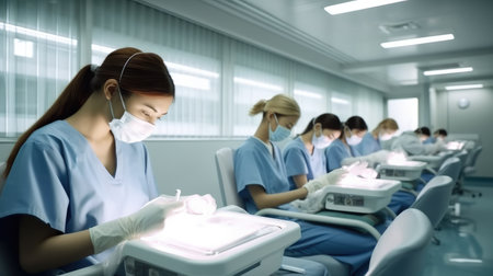 Young woman student Dentist assistant in an exam room.の素材