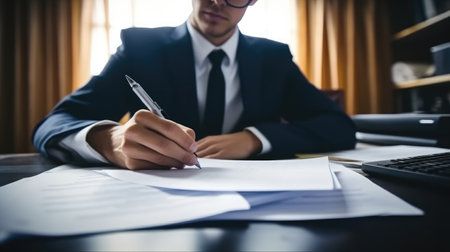 Businessman hand filling paper business document, signing contract, partnership agreement on desk in modern office, Close up.の素材