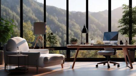 Home office desk with desktop computer in bright living room, Stylish interior design decor of a modern work space in cozy room for working from home or freelance career.の素材