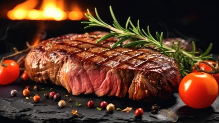 Beef steak on slate plate.の素材