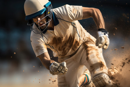 Cricket Batsman Hitting Ball During Cricket Match In Stadium, Cricket player on the field in action.の素材