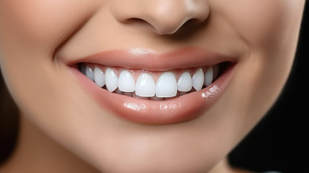 Close up cropped photo of beautiful woman mouth with perfect white bright smile and healthy teeth.の素材