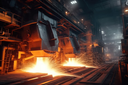 Heavy machinery at large industry factory, glowing metal and sparks, Metallurgical factory.の素材