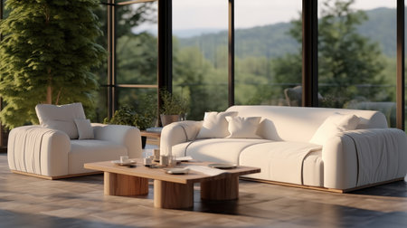 Interior design of a modern, Luxury spacious living room with a comfortable white couch.の素材
