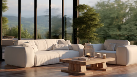 Interior design of a modern, Luxury spacious living room with a comfortable white couch.の素材