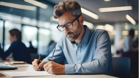 Businessman in glasses are thinking and writing on document in office, desk or corporate workplace, Professional employee.の素材