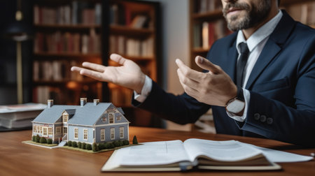 Consultation between a Businessman and lawyer, Lawyer having meeting with client against the law relating to houses, land and real estate.の素材