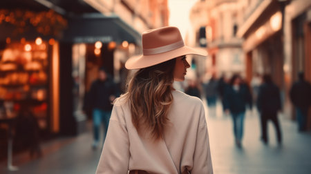 Rear view, Young woman in hat and coat walking in the city, Travel concept.の素材